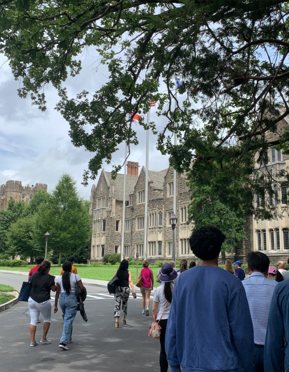 Prospective college students attend a campus tour of Duke University.